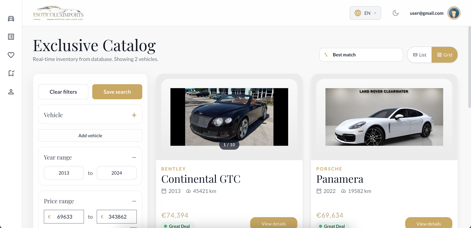 Platform catalog showing luxury vehicles and filters