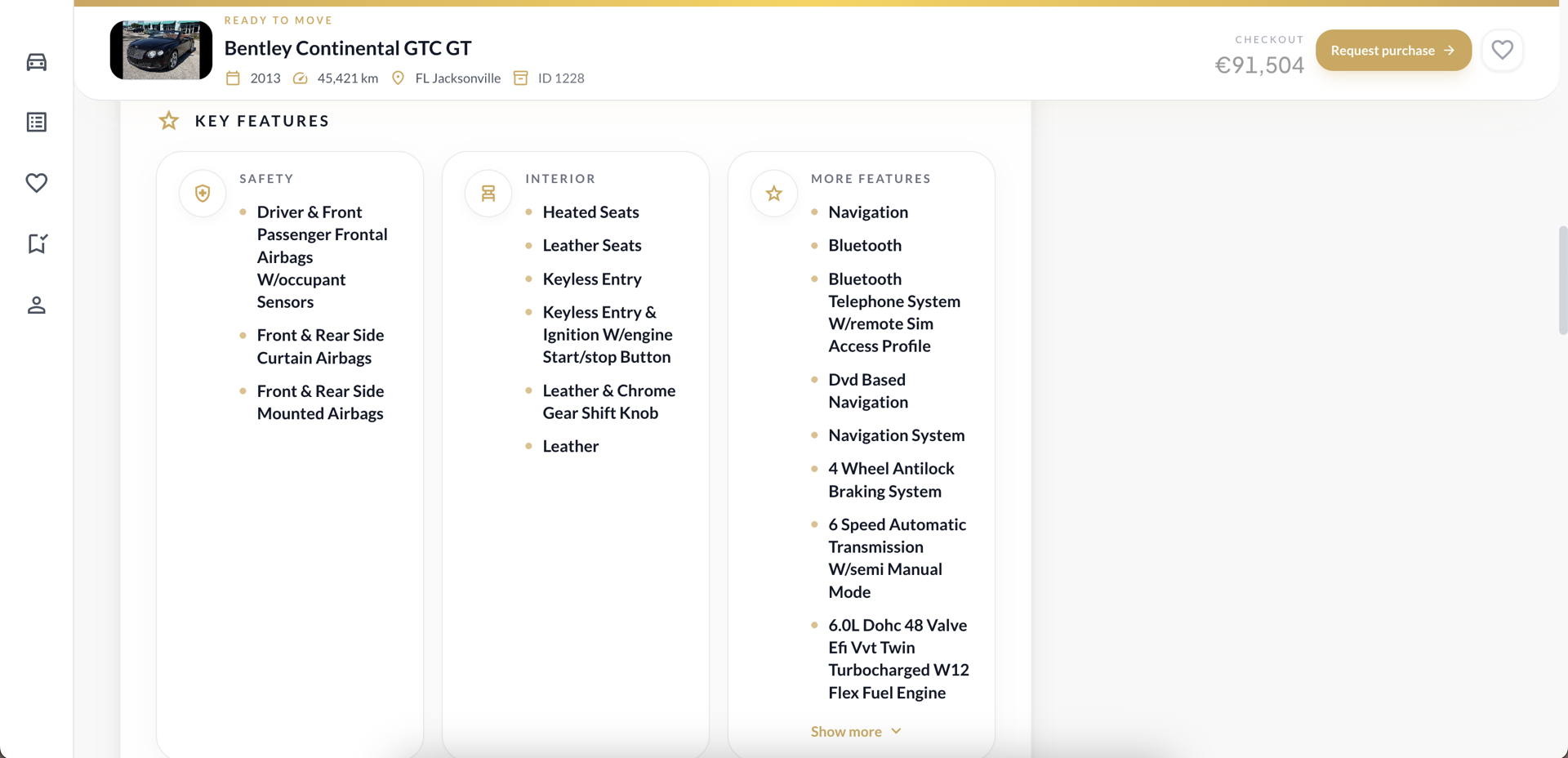 Platform key information section with safety, interior and feature groups