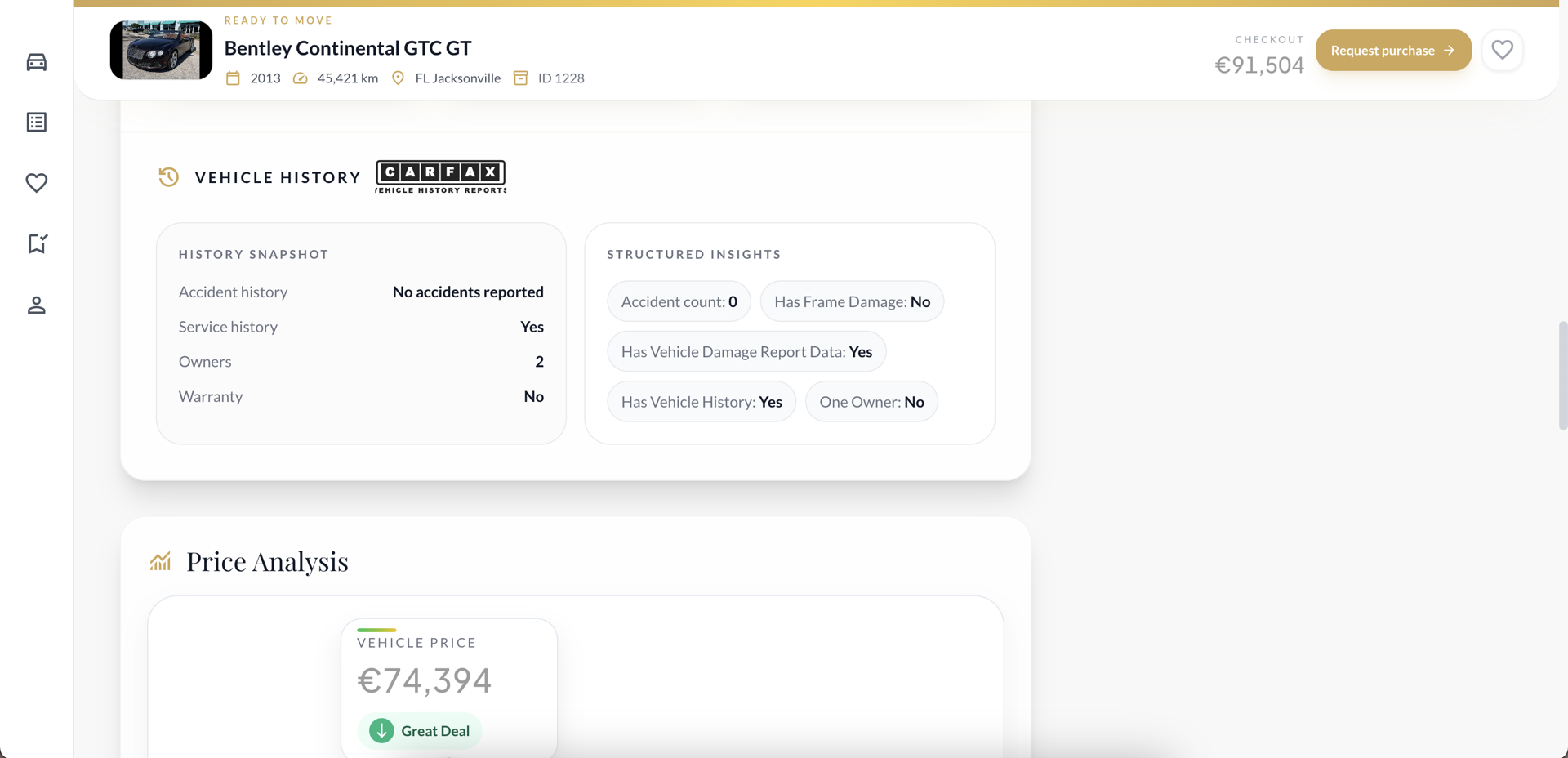 Platform vehicle history section with CARFAX snapshot and structured insights